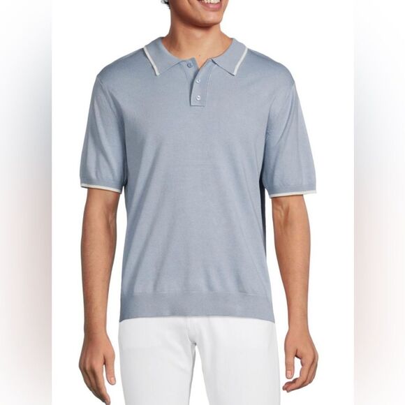 Elie Tahari Contrast Trim Short Sleeve Polo Sweater In Blue Lake Size XL - Picture 1 of 8